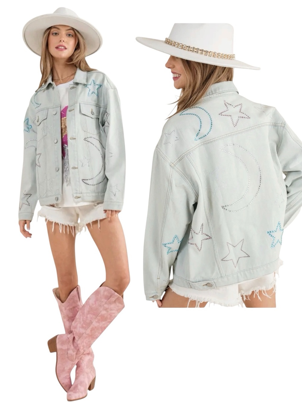 NEW blue b Light Wash Denim Purple Star Blue Moon Rhinestone Zodiac Jean Jacket